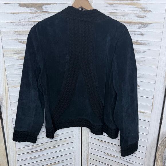 COLDWATER CREEK VINTAGE Women's XL Suede Leather Crochet Knit Trim Jacket Black - Picture 2 of 16